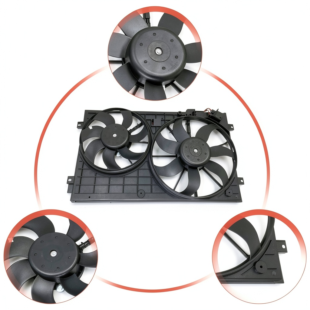 Installing Volkswagen Engine Fan Replacement PartsFlow 95.50 on a wooden workbench