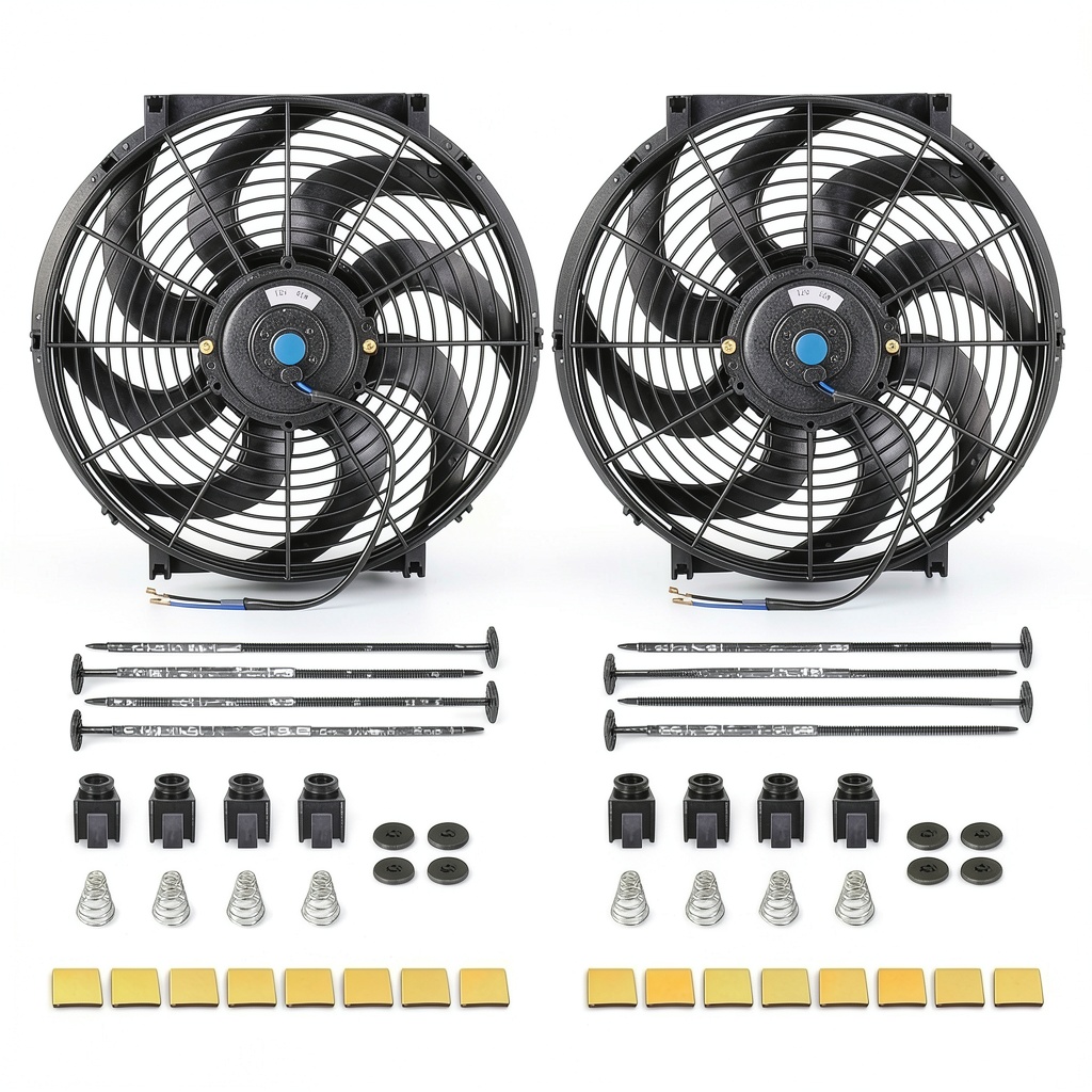 FGJQEFG 14in radiator fan installed in a vehicle engine bay