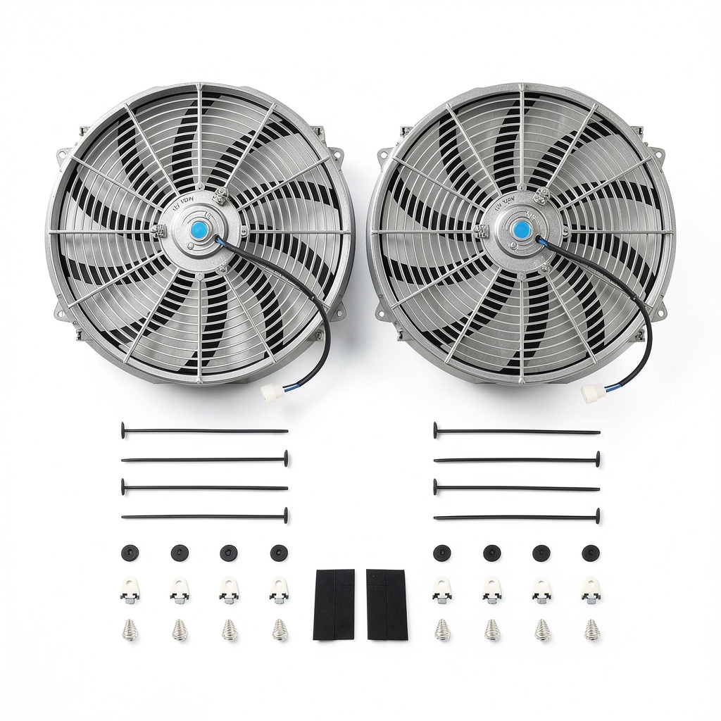 Installing FGJQEFG 16‑inch chrome radiator cooling fan on a Ford F‑250 engine bay
