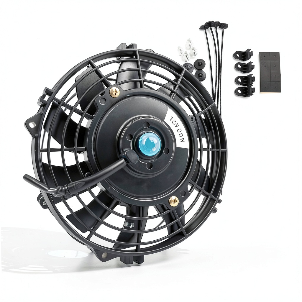 Installing MOSTPLUS Radiator Fan 7‑14 Inch Automotive Engine Fan Set of 1 on a garage workbench